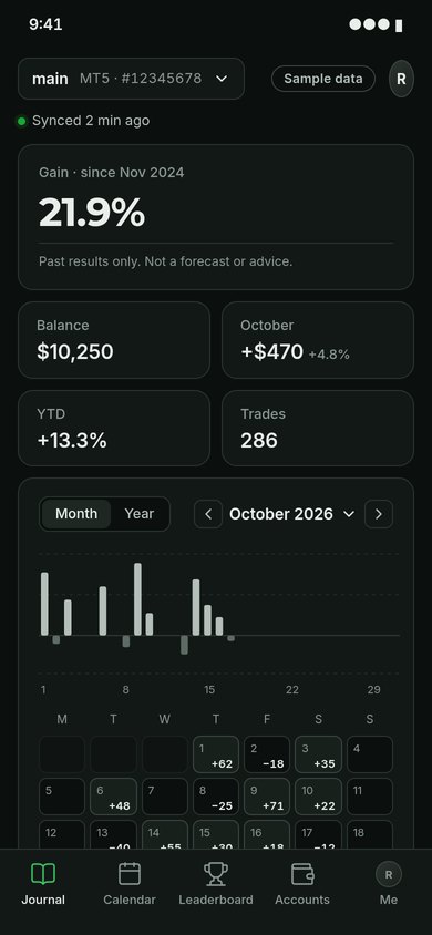 Eight Forex journal on a phone (sample data)