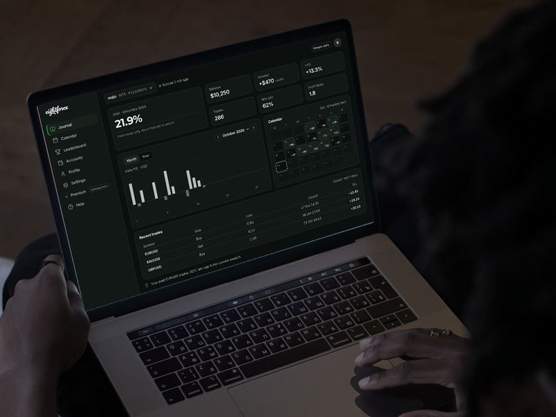 A trader using the Eight Forex journal on a laptop (sample data)