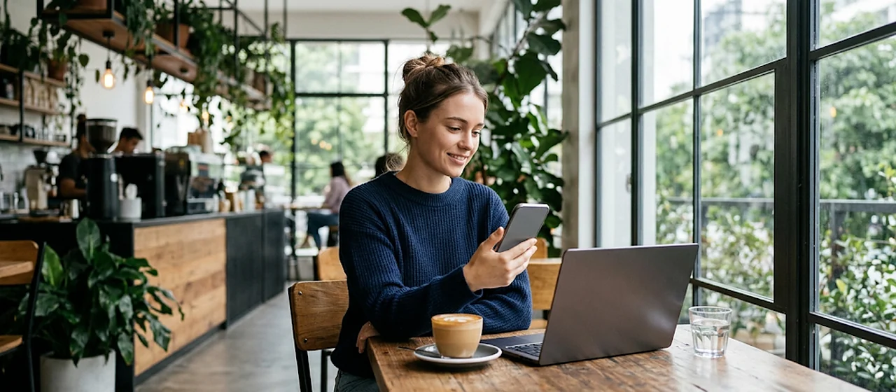 Illustrative image: A trader checking her phone in a bright cafe