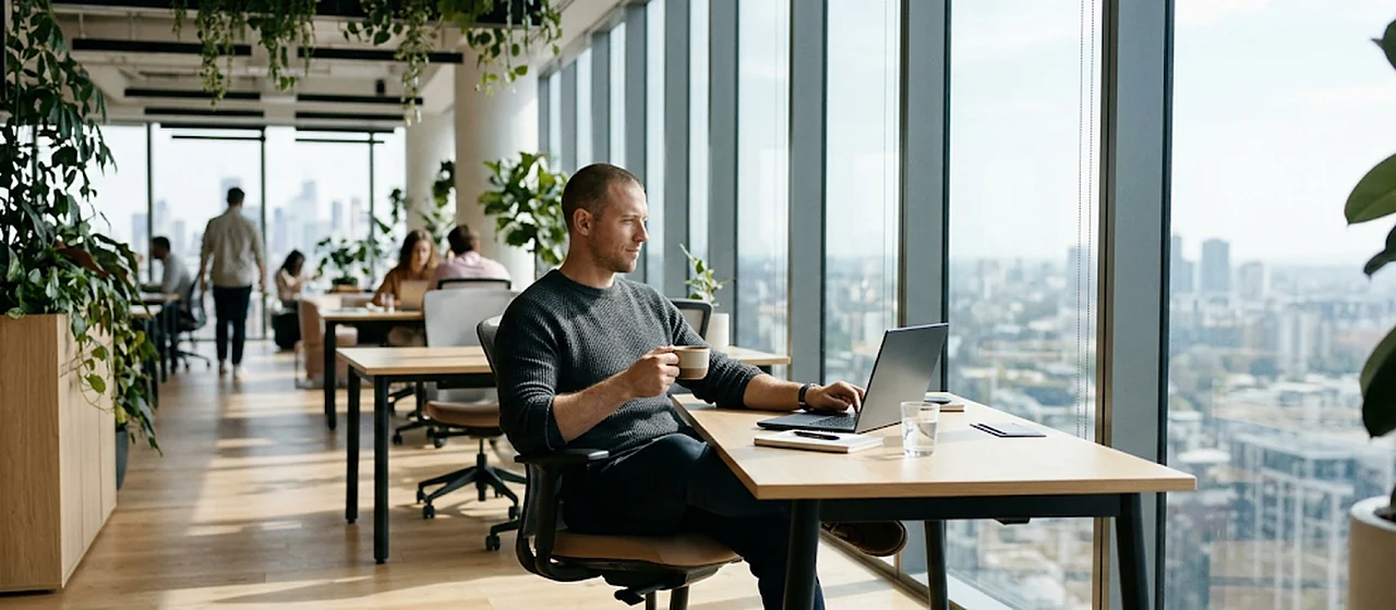 Illustrative image: A trader working on a laptop in a bright office